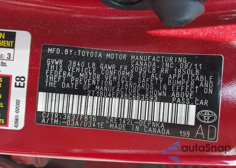 2011 Toyota Corolla Le из США, поврежденный, VIN 2T1BU4EEXBC663593